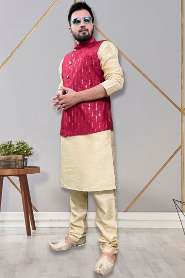 Art Silk Fabric Readymade Stunning Kurta Pyjama For Men With Rani Color 3 Pcs Jacket Set