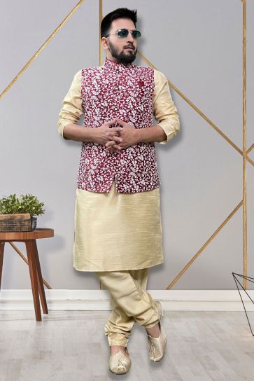 Sangeet Wear Readymade Lovely Art Silk Fabric Kurta Pyjama For Men With Maroon Color 3 Pcs Jacket Set