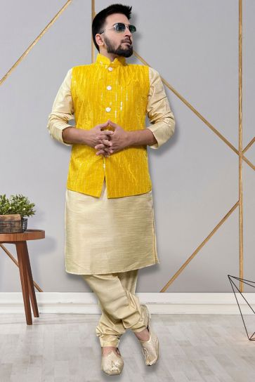 Moss Art Silk Fabric Readymade Men Kurta Pyjama With Yellow Color Jacket Set