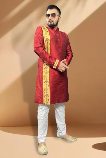 Sangeet Wear Readymade Kurta Pyjama For Men In Silk Maroon Color