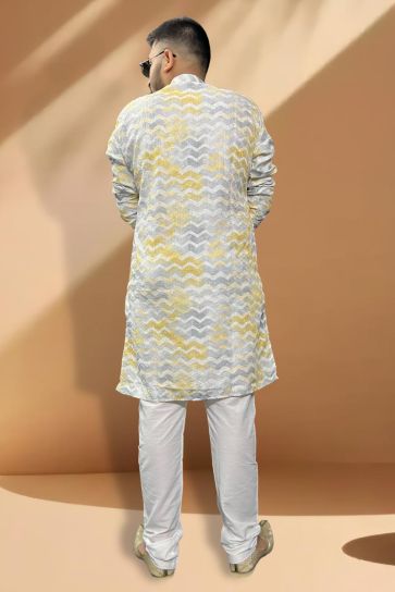 Reception Wear Readymade Grey And Yellow Color Cotton Fabric Kurta Pyjama For Men