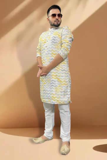 Reception Wear Readymade Grey And Yellow Color Cotton Fabric Kurta Pyjama For Men