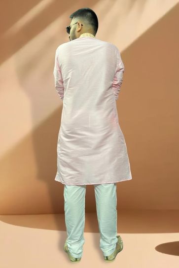 Reception Wear Attractive Readymade Men Kurta Pyjama In Pink Color