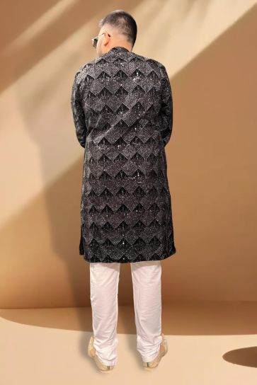 Reception Wear Attractive Kurta Pyjama For Men In Black Color Velvet Fabric
