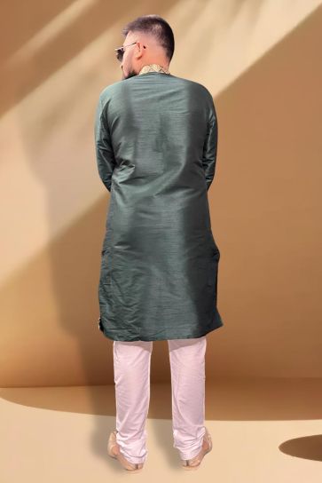 Teal Color Function Wear Silk Readymade Kurta Pyjama For Men