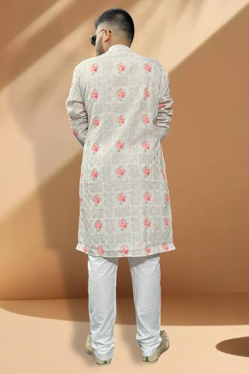 Sangeet Wear Readymade Cotton Kurta Pyjama For Men In Grey Color