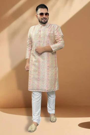 Fetching Cream Silk Fabric Sangeet Wear Kurta Pyjama For Men