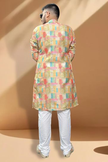Wedding Wear Readymade Multi Color Kurta Pyjama For Men In Silk Fabric
