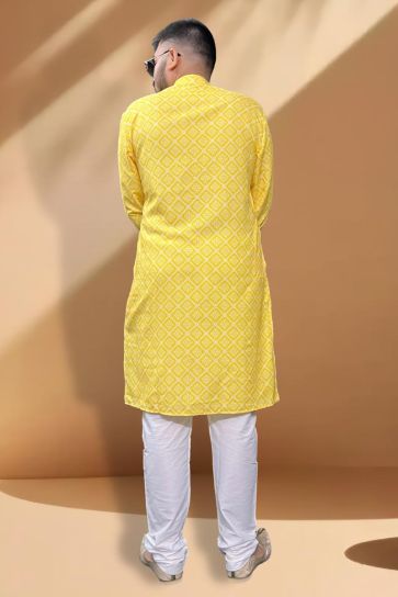 Festive Wear Readymade Kurta Pyjama For Men In Yellow Cotton Fabric
