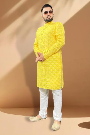 Festive Wear Readymade Kurta Pyjama For Men In Yellow Cotton Fabric