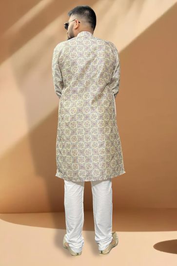 Fancy Cream Color Silk Fabric Function Wear Readymade Kurta Pyjama For Men