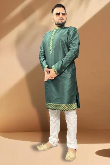 Beautiful Silk Fabric Wedding Wear Kurta Pyjama For Men In Green Color