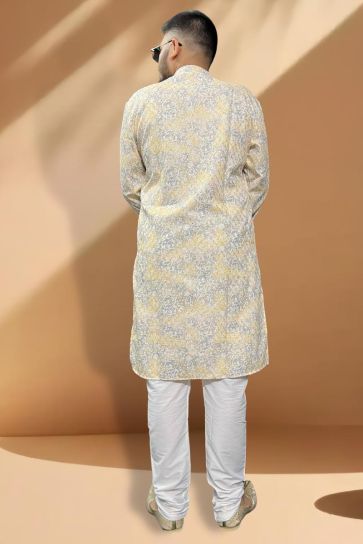 Beautiful Yellow And Grey Color Wedding Wear Readymade Kurta Pyjama For Men In Cotton Fabric