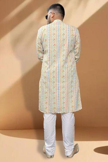 Appealing Cream Color Cotton Fabric Function Wear Kurta Pyjama For Men