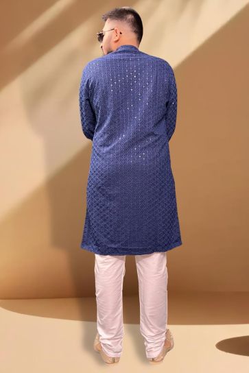 Rayon Fabric Function Wear Readymade Blue Color Kurta Pyjama For Men