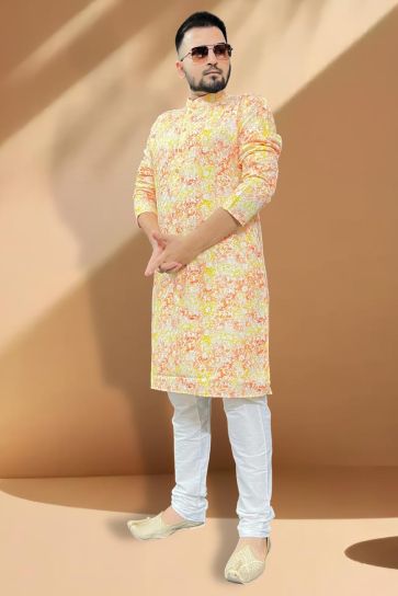 Cotton Fabric Yellow And Orange Color Readymade Kurta Pyjama For Men