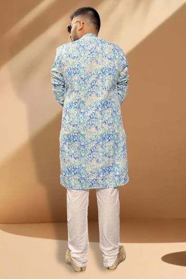 Cotton Fabric Blue Color Festive Wear Trendy Readymade Men Kurta Pyjama