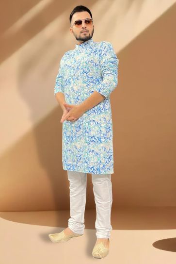 Cotton Fabric Blue Color Festive Wear Trendy Readymade Men Kurta Pyjama