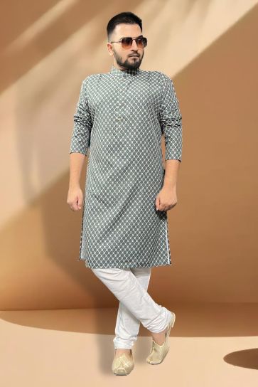 Cotton Fabric Grey Color Festive Wear Readymade Men Stylish Kurta Pyjama