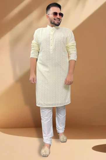 Cream Color Sangeet Wear Georgette Fabric Designer Readymade Kurta Pyjama For Men