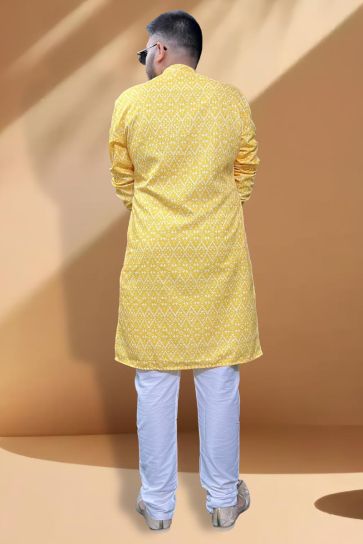 Yellow Color Reception Wear Readymade Cotton Fabric Kurta Pyjama For Men