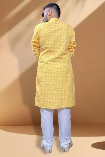 Yellow Color Engaging Cotton Fabric Festive Wear Kurta Pyjama For Men