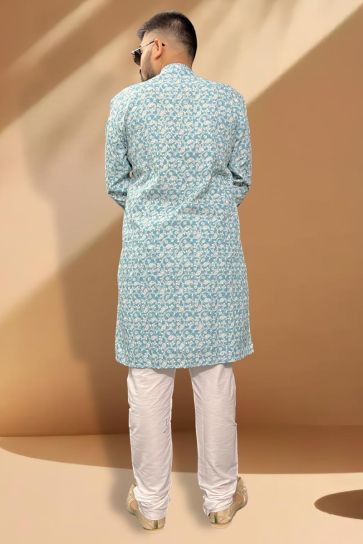Blue Color Cotton Fabric Reception Wear Striking Kurta Pyjama For Men