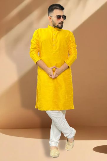 Yellow Color Silk Fabric Readymade Kurta Pyjama For Men