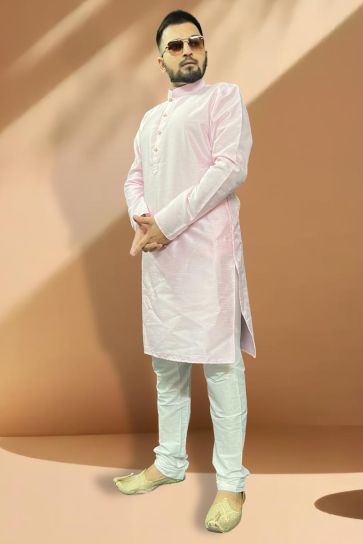 Pink Color Silk Fabric Function Wear Fancy Readymade Kurta Pyjama For Men