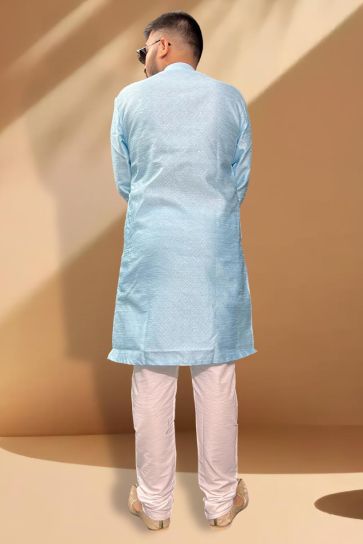 Sky Blue Color Jacquard Fabric Festive Wear Captivating Kurta Pyjama For Men