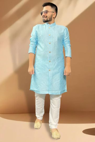 Sky Blue Color Jacquard Fabric Festive Wear Captivating Kurta Pyjama For Men