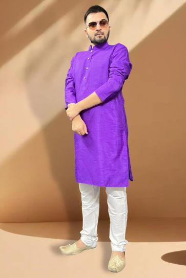 Purple Silk Fabric Sangeet Wear Trendy Readymade Kurta Pyjama For Men
