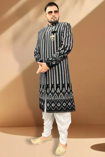 Black Velvet Fabric Sangeet Wear Trendy Readymade Peshawari Style Indo Western For Men
