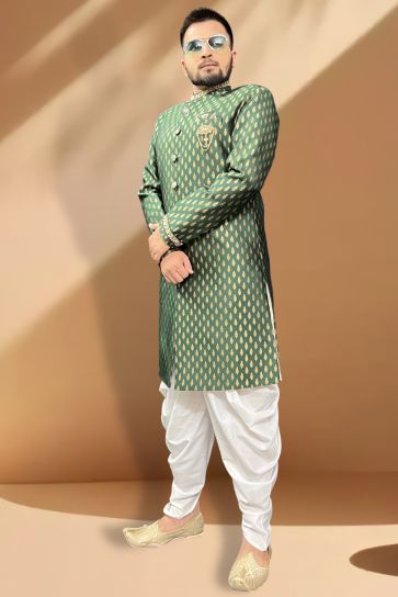 Jacquard Green Color Wedding Wear Readymade Designer Peshawari Style Indo Western For Men