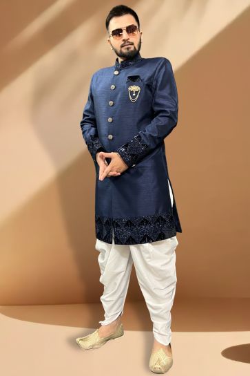 Navy Blue Color Velvet Fabric Wedding Wear Readymade Peshawari Style Indo Western For Men