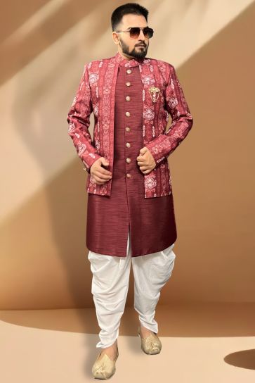 Silk Fabric Wedding Wear Maroon Color Readymade Peshawari Style Indo Western For Men