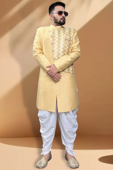 Sangeet Wear Beige Color Readymade Peshawari Style Indo Western For Men In Silk Fabric 