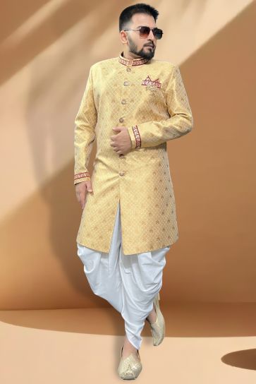Jacquard Fabric Beige Color Wedding Wear Readymade Men Stylish Peshawari Style Indo Western 