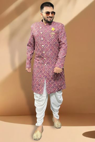 Purple Cotton Fabric Wedding Wear Trendy Readymade Peshawari Style Indo Western For Men