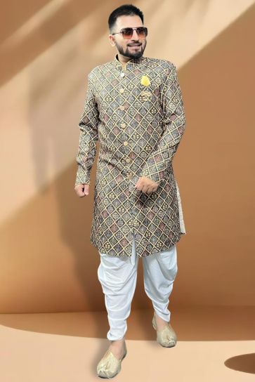 Cotton Teal Color Wedding Wear Readymade Designer Men Peshawari Style Indo Western 