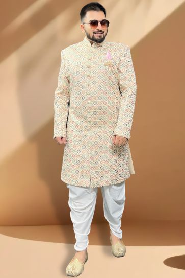 Cream Gorgeous Silk Fabric Wedding Wear Readymade Peshawari Style Indo Western For Men