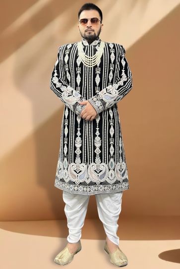 Velvet Stunning Black Color Wedding Wear Readymade Men Peshawari Style Indo Western 