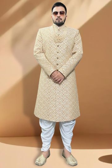 Beautiful Cream Color Wedding Wear Readymade Peshawari Style Indo Western For Men In Silk Fabric