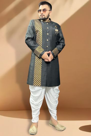 Black Silk Fabric Graceful Readymade Men Peshawari Style Indo Western For Wedding Wear
