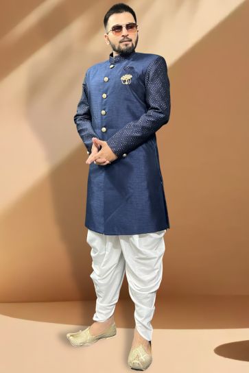 Navy Blue Silk Fabric Magnificent Readymade Men Peshawari Style Indo Western For Wedding Wear