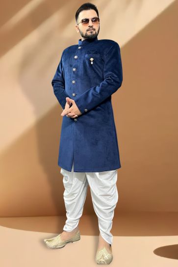 Blue Color Velvet Fabric Wedding Wear Designer Readymade Peshawari Style Indo Western For Men