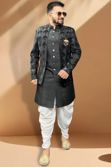 Silk Fabric Black Color Wedding Wear Designer Readymade Peshawari Style Indo Western For Men