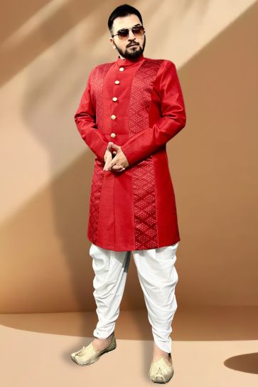 Red Color Wedding Wear Silk Fabric Designer Readymade Peshawari Style Indo Western For Men