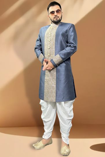 Grey Color Wedding Wear Silk Fabric Designer Readymade Peshawari Style Indo Western For Men