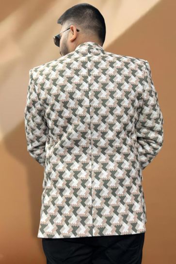 Reception Wear Cream Color Fancy Jacquard Fabric Readymade Blazer For Men